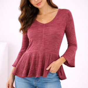 Anthropologie Akemi + Kin Plum Peplum Seamed 3/4 Bell Sleeve Top - Extra Small
